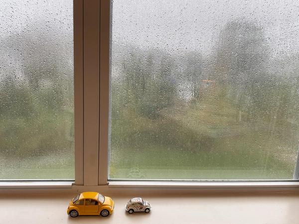"Rainy Day Travelers." Two tiny toy cars, a yellow VW and white racing car travel along a window ledge with streaming rain and fogged trees and grass through the window. "Rainy day travelers."