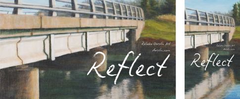 Shows two small versions of a digital wallpaper showing a painting of a small bridge over calm water, and text saying Reflect.