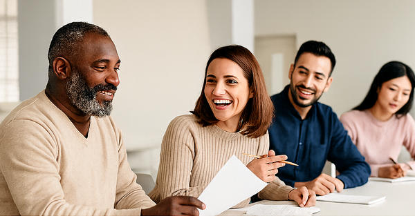 Adult ESL students studying together