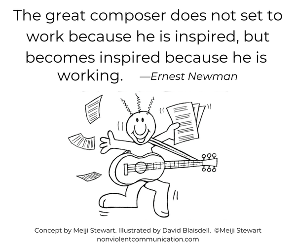 The great composer does not set to work because he is inspired, but becomes inspired because he is working. - Ernest Newman On a cartoon with a drawing of a character with a
guitar and sheet music.