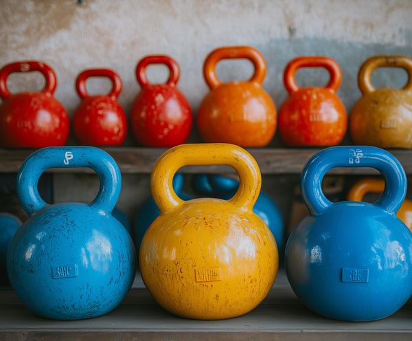 A rack of colorful kettlebells and free weights