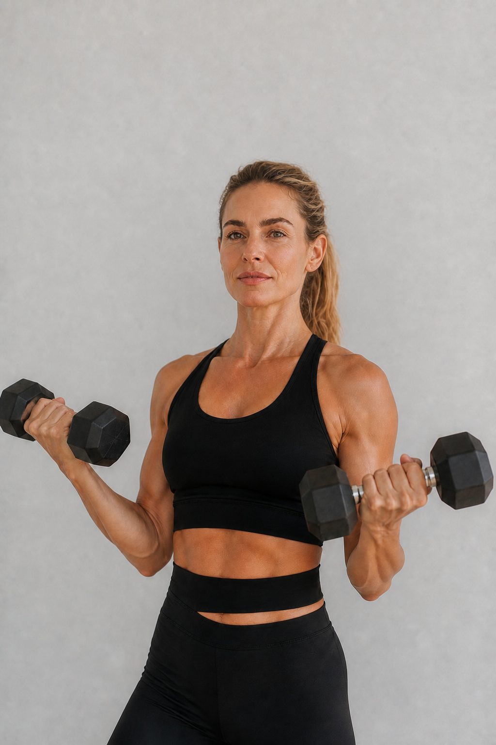 A strong, confident woman in her 40s lifting dumbbells and looking at the camera