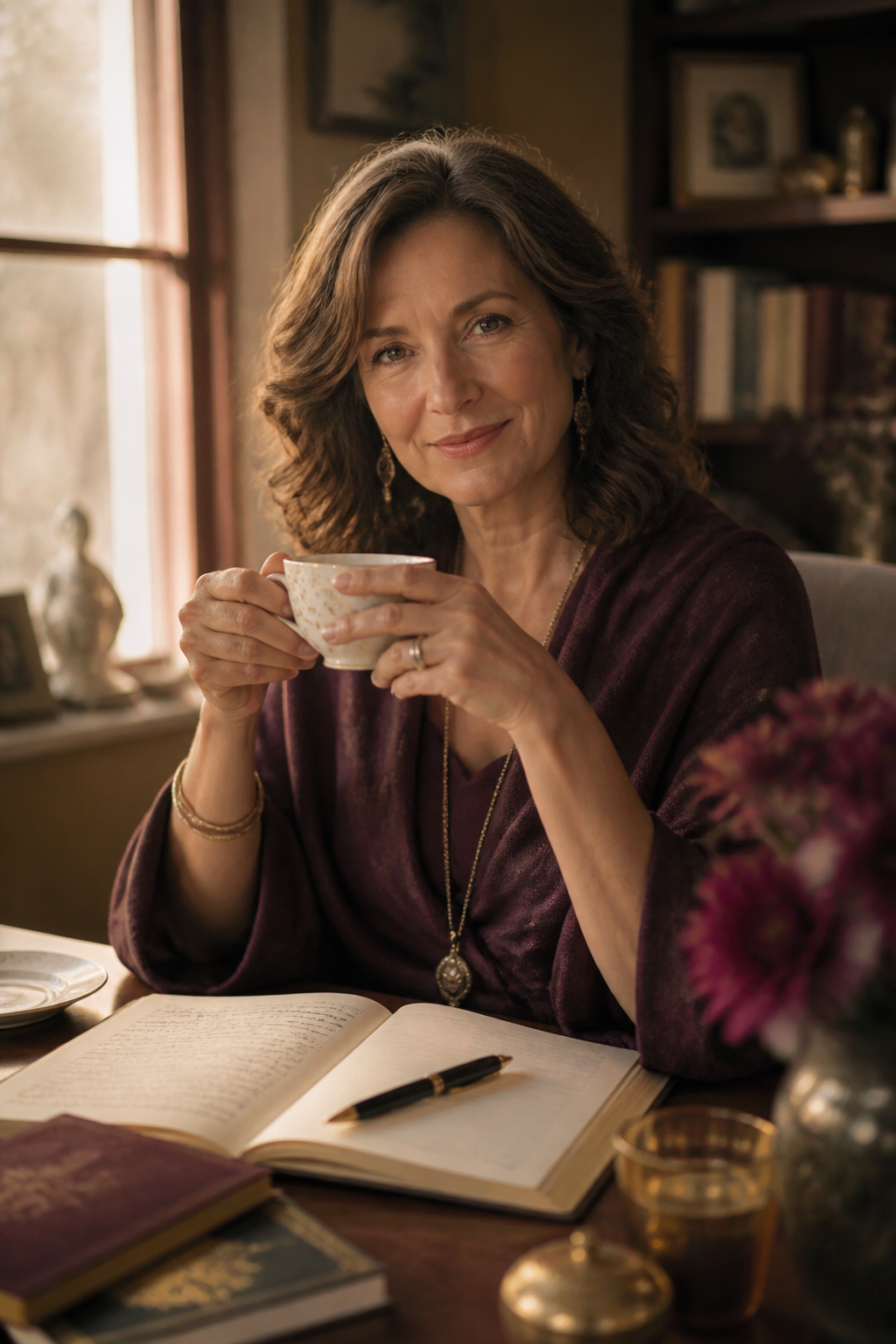 Donna Partow at her writing desk in soft morning light