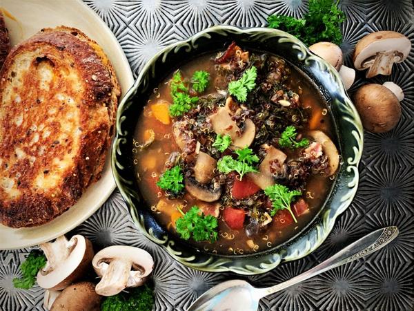 Hearty Mushroom and Quinoa Soup with Bacon
