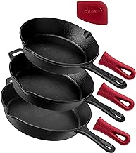 Cuisinel Cast Iron Skillet Set - 8" + 10" + 12"-Inch Pre-Seasoned Frying Pans + Silicone Handle Grip Covers