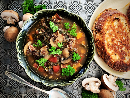 Hearty Mushroom and Quinoa Soup with Bacon