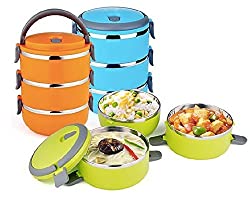 Diny Home 3 Compartment Lunch Box Food Carrier Bento Box Stainless Steel Bowls Keeps Food Fresh Vacuum Sealed Lids (Random Color Shipped)