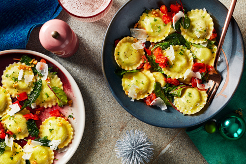 Spinach and Ricotta Ravioli with sauteed Greens