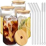 Drinking Glasses with Bamboo Lids and Glass Straw 4pc set
