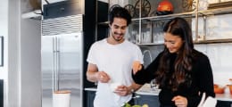 Mother with son baking