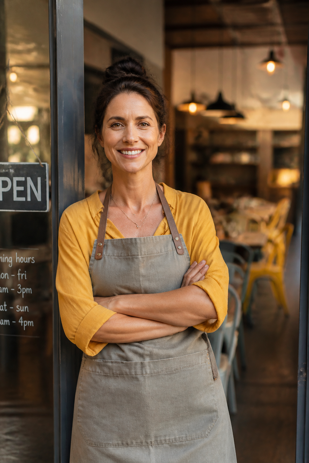 Proud restaurant owner in the doorway of their cafe