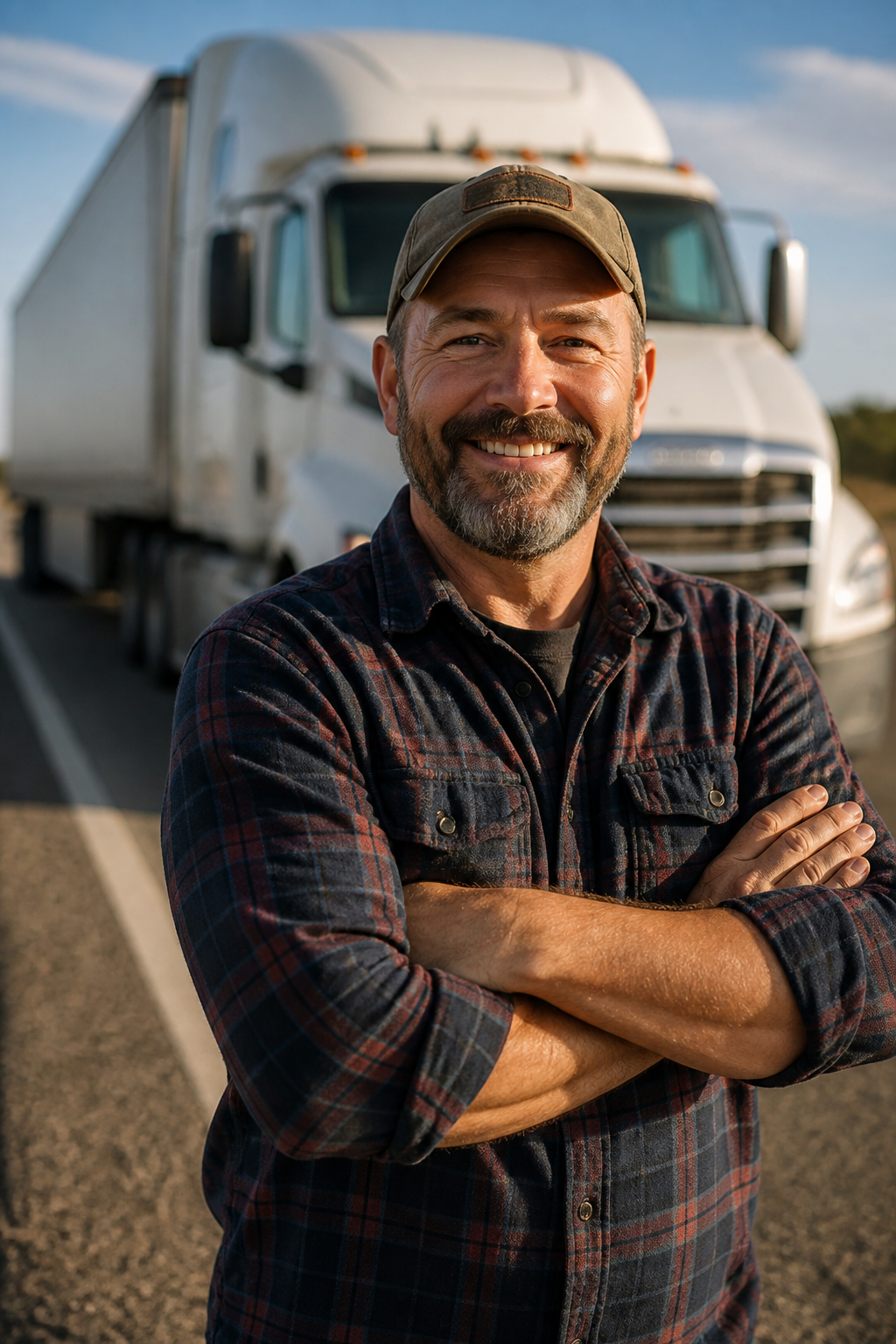 Proud truck driver standing in front of his semi truck