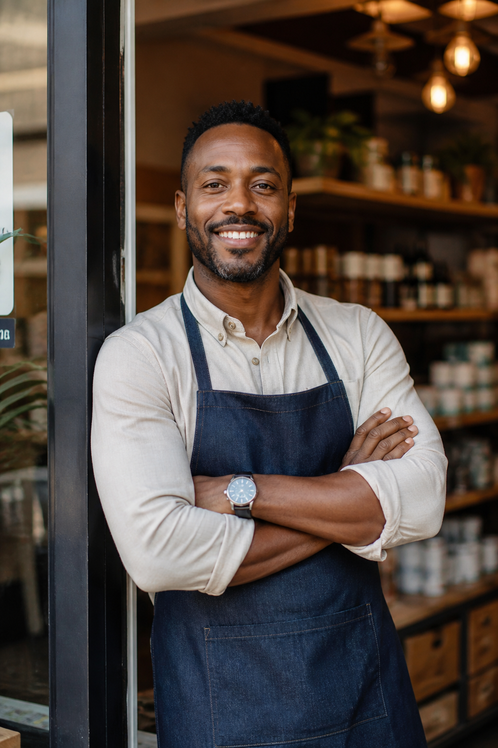 Proud Black small business owner in the doorway of his shop