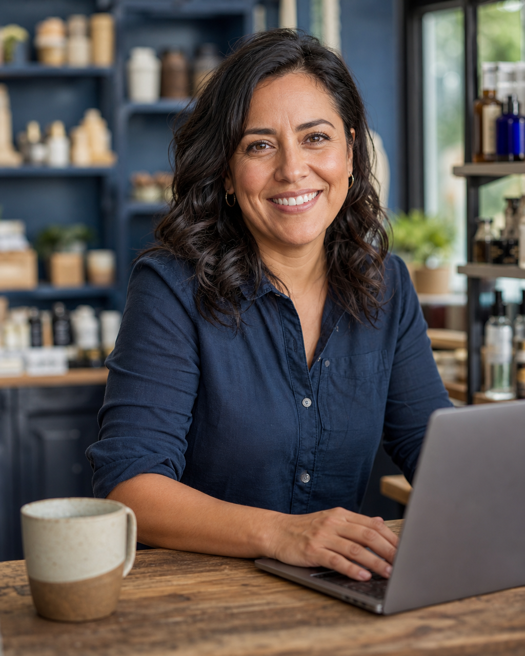 Smiling small business owner working on a laptop in her shop