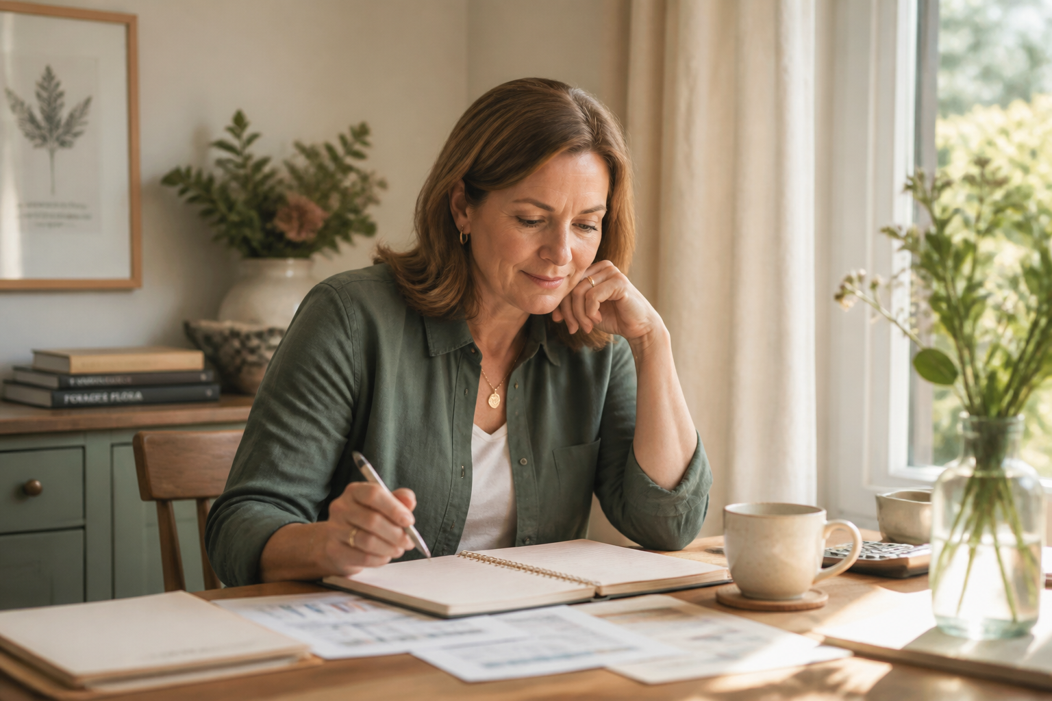 A woman calmly planning her finances at a sunlit desk