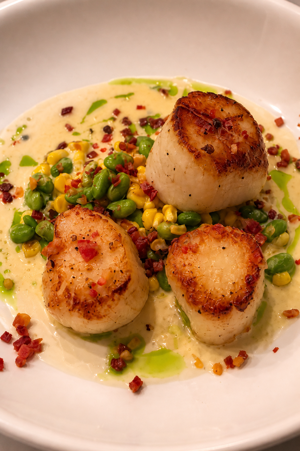 Seared scallops over sweet corn and edamame succotash with herb oil, plated for an intimate dinner