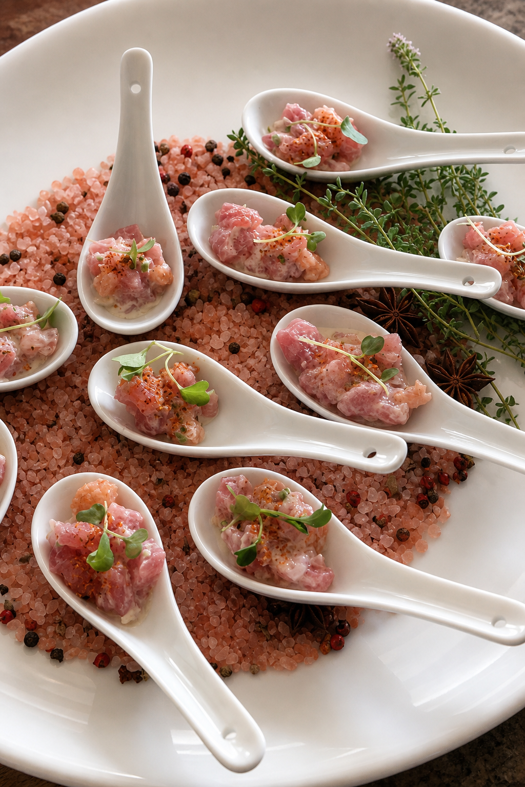 Tuna tartare passed hors d'oeuvres served in individual white ceramic spoons on a bed of pink salt and peppercorns, garnished with microgreens
