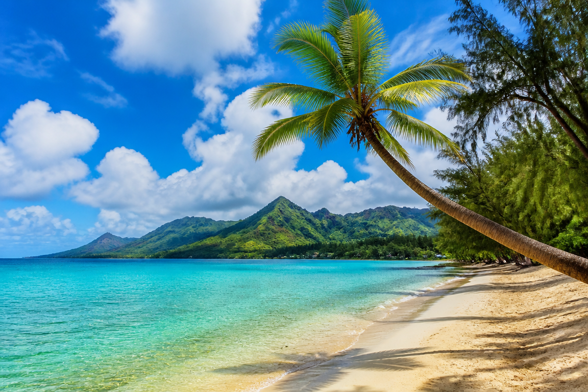 Tropical Hawaiian beach with a palm tree, turquoise water and green mountains