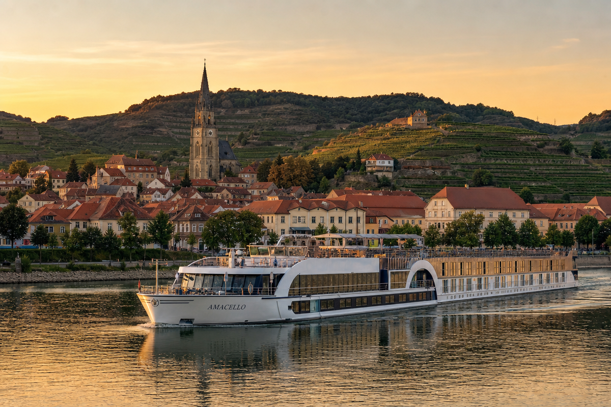 River cruise ship on a European river beneath a hillside town at golden hour