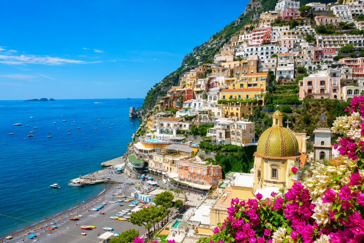 Colorful cliffside Mediterranean village above turquoise sea