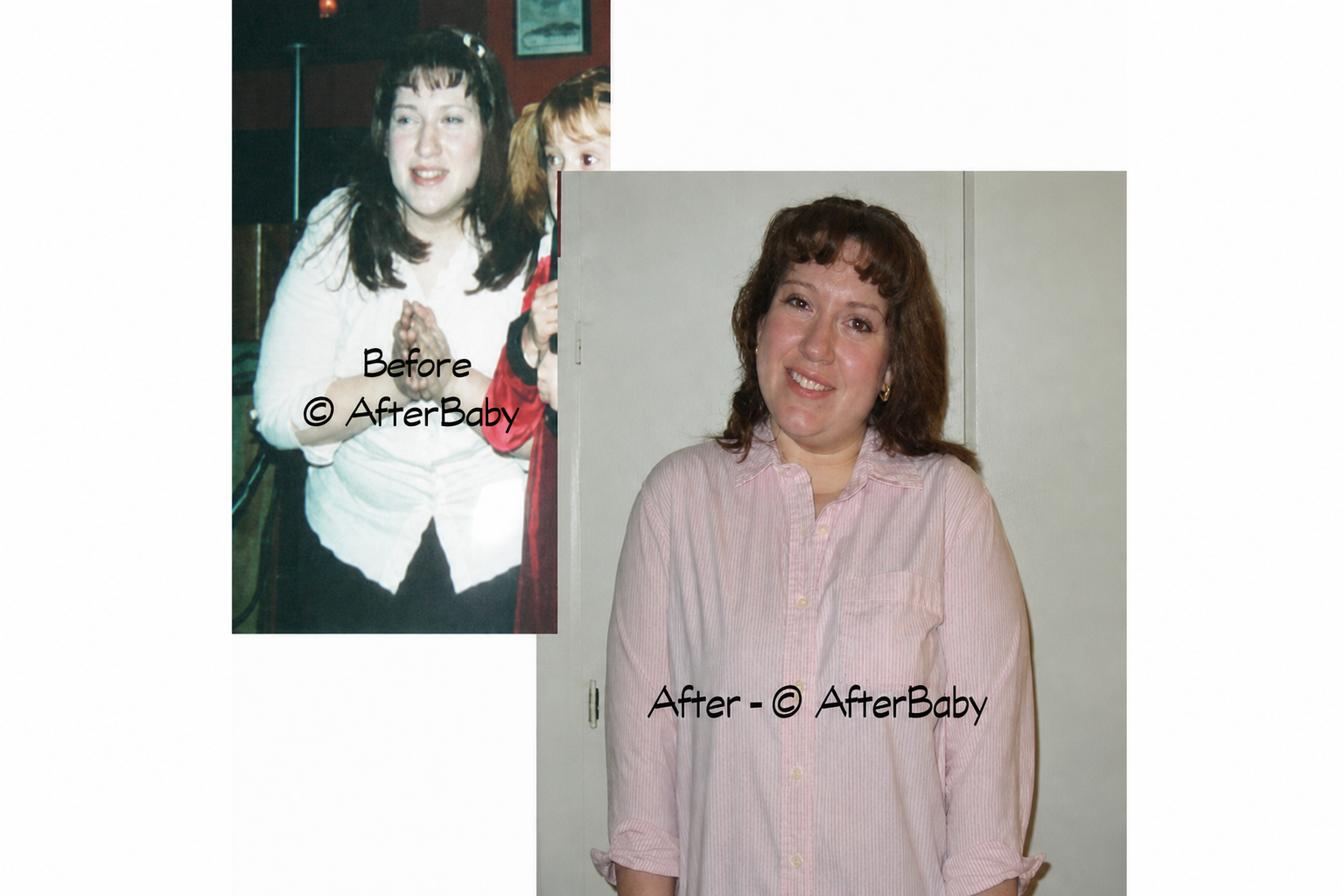 Shiloah before & after AfterBaby, down 10 lbs & over 20 inches, size 16 to 14