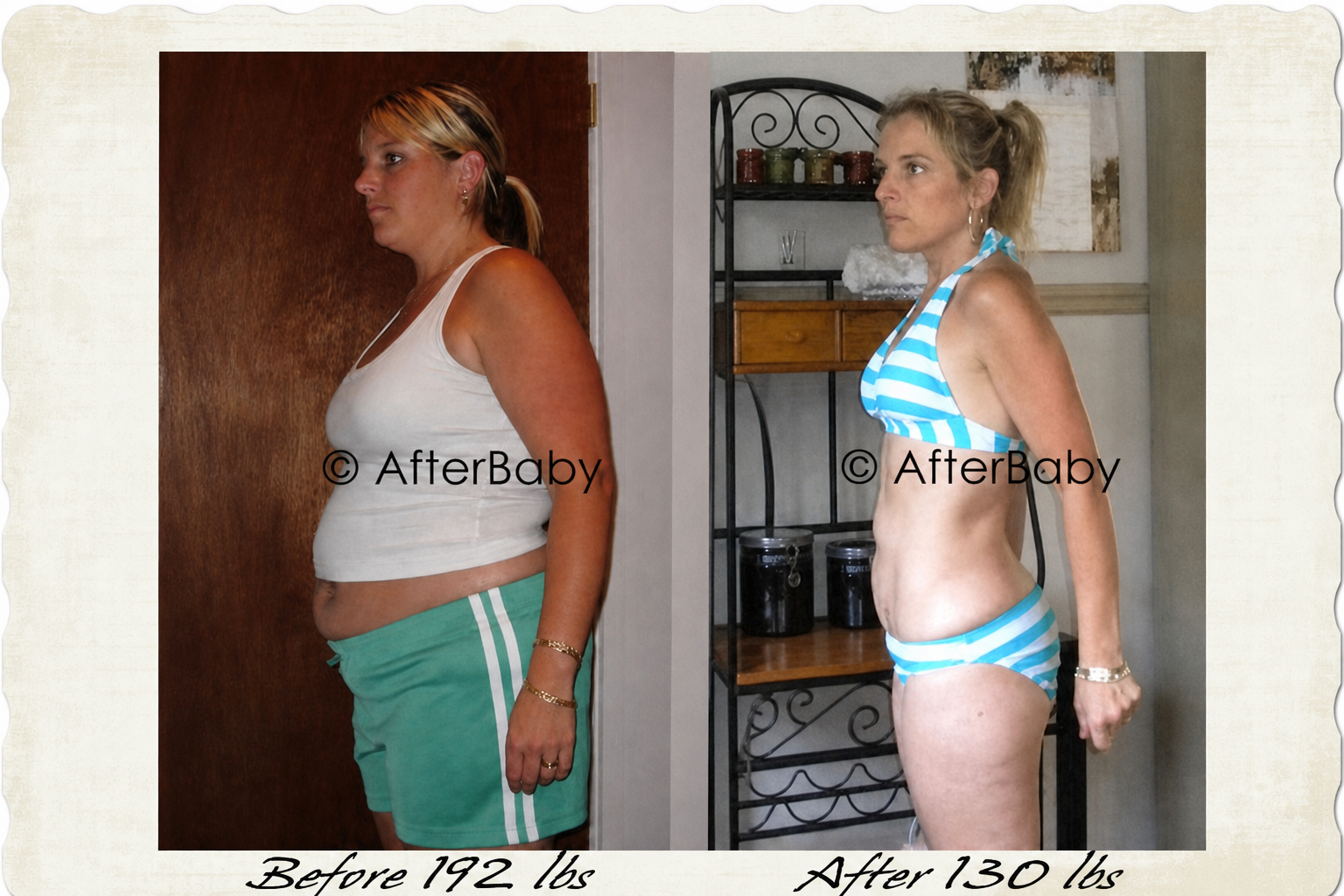 Jaime Luciano before & after AfterBaby, 192 lbs to 130 lbs