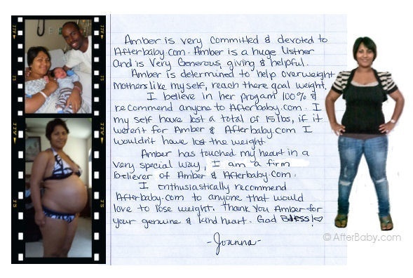 Joanna's handwritten thank-you letter to Amber, with her family photo and before-and-after pictures, after losing 15 lbs