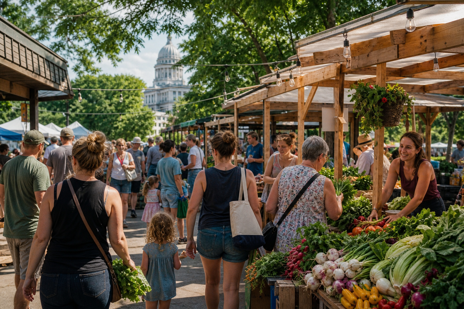 A busy Wisconsin summer farmers market with wooden produce stalls and families browsing
