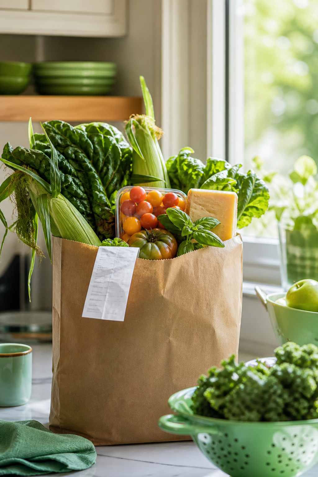 A paper grocery bag full of fresh Wisconsin produce and cheese with a savings receipt on a kitchen counter