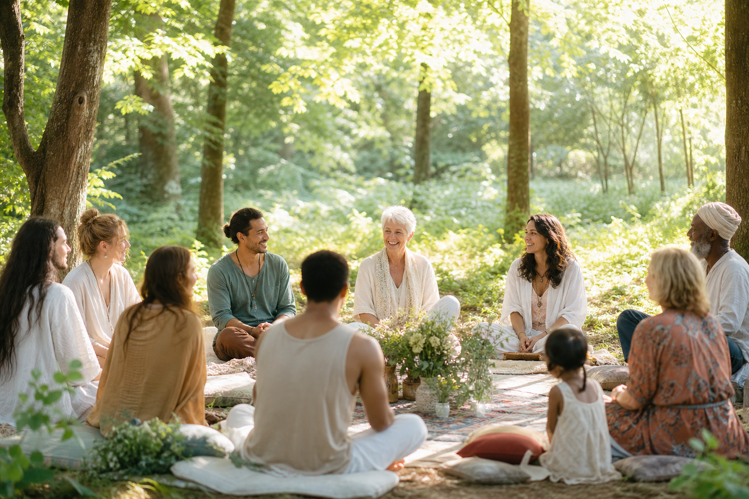 A diverse group of people sitting in a circle, smiling, during a ceremony in a bright green sunlit forest