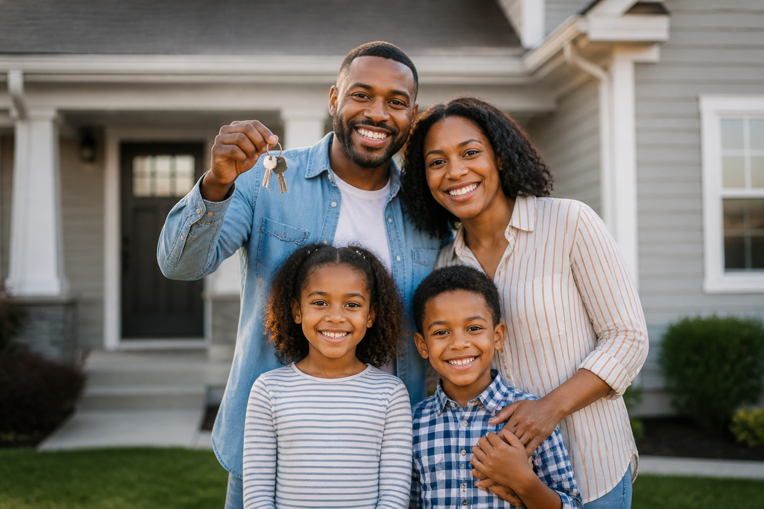 A family standing proudly in front of their new home holding the keys