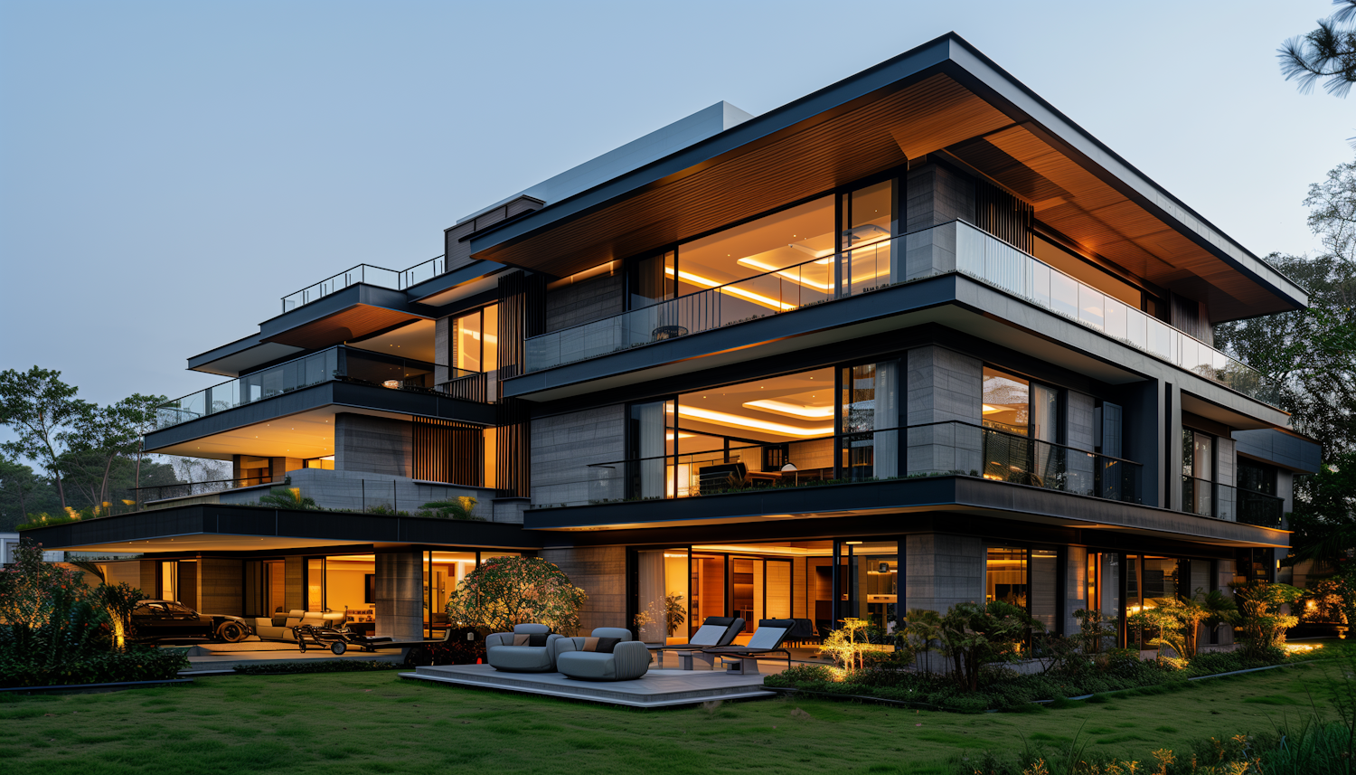 Modern home glowing with warm light at dusk
