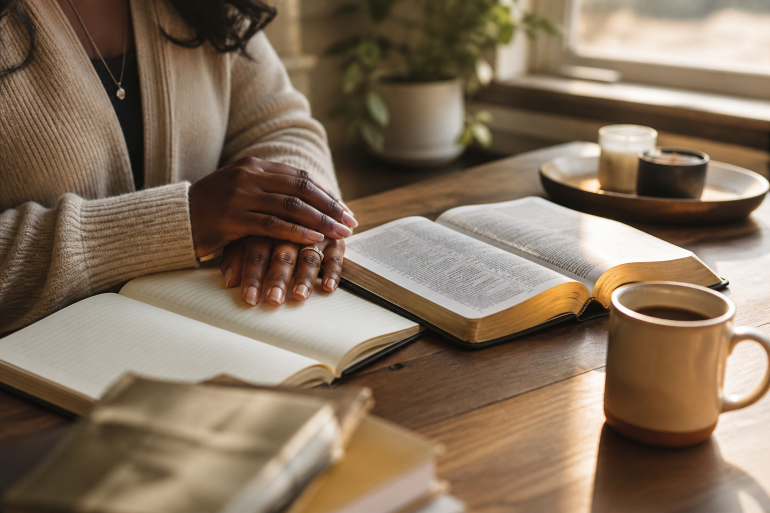 Hands resting on an open journal and Bible in morning light