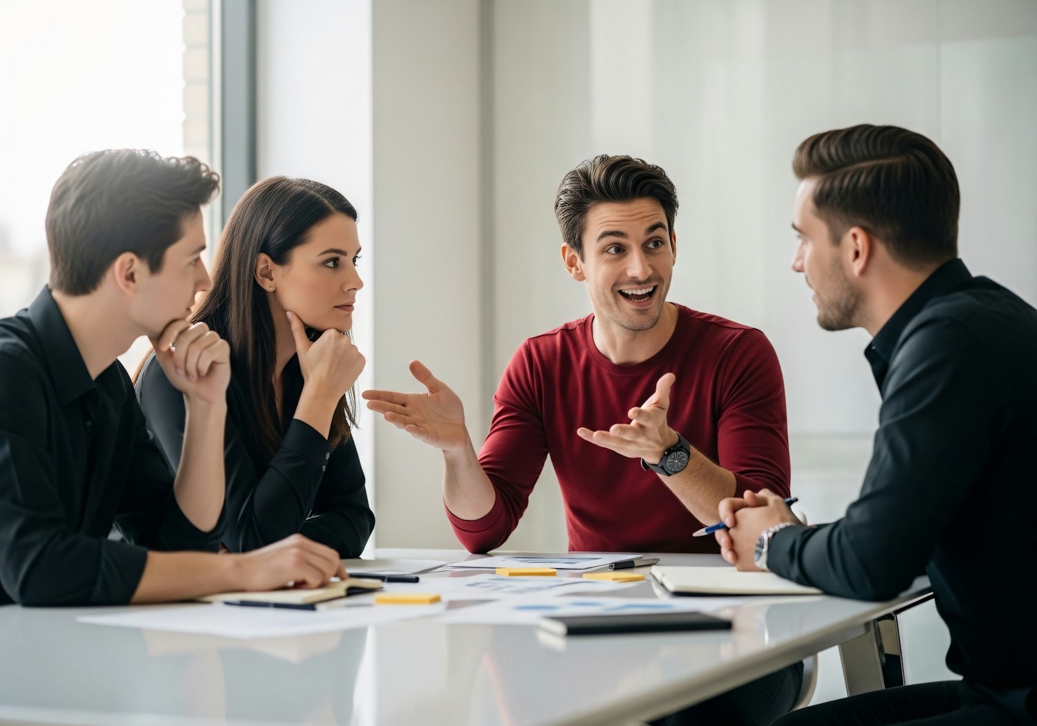 A group gathered around a table in lively discussion during a seminar