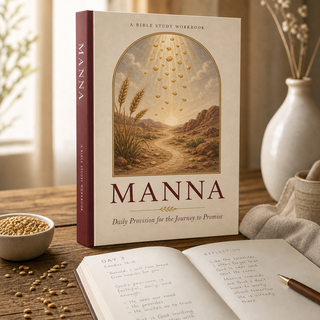 The Manna printed study guide with its logo cover standing beside an open journal and pen in warm light