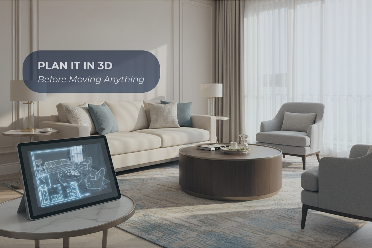 A 3D room planner showing a virtual furniture layout before moving anything
