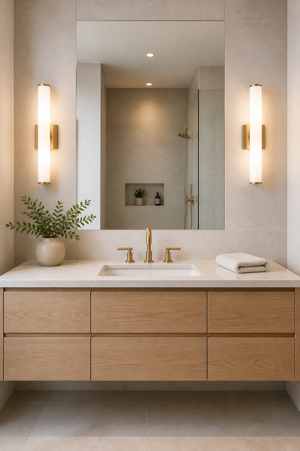 A bright bathroom vanity lit evenly by two vertical sconces flanking a large mirror