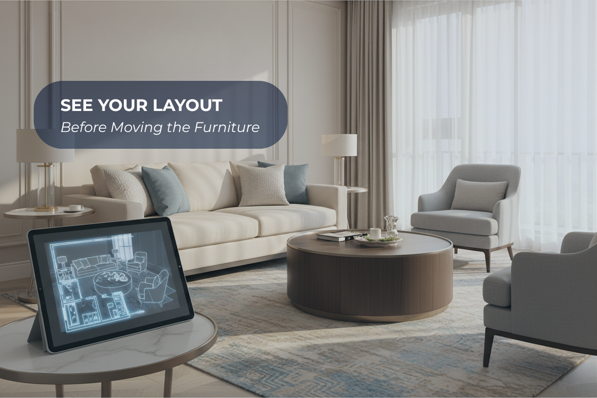 A 3D room planner showing a virtual furniture layout beside a modern living room before furniture is moved