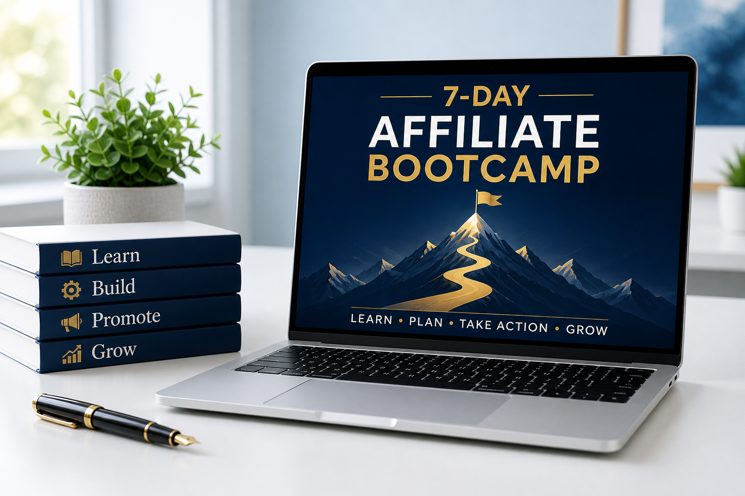 Laptop showing the 7-Day Affiliate Bootcamp course beside a stack of Learn, Build, Promote, Grow books