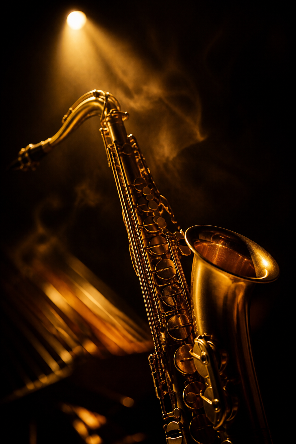 Golden saxophone glowing under a warm stage spotlight