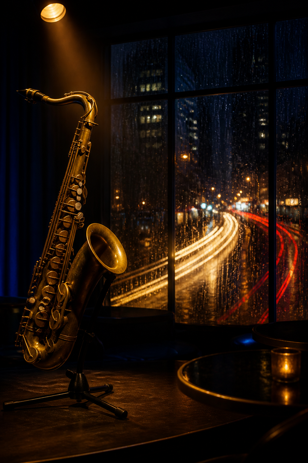 A brass saxophone under a warm stage spotlight with city traffic light trails behind it