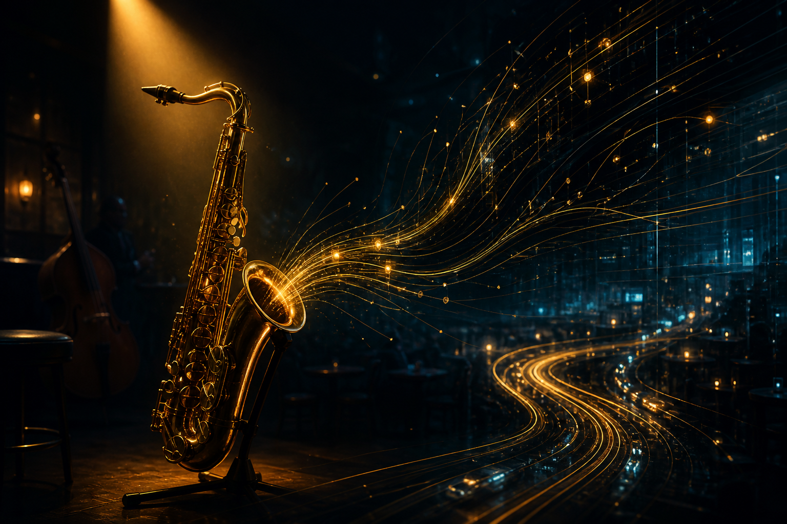 A glowing saxophone on a jazz stage releasing streams of digital traffic