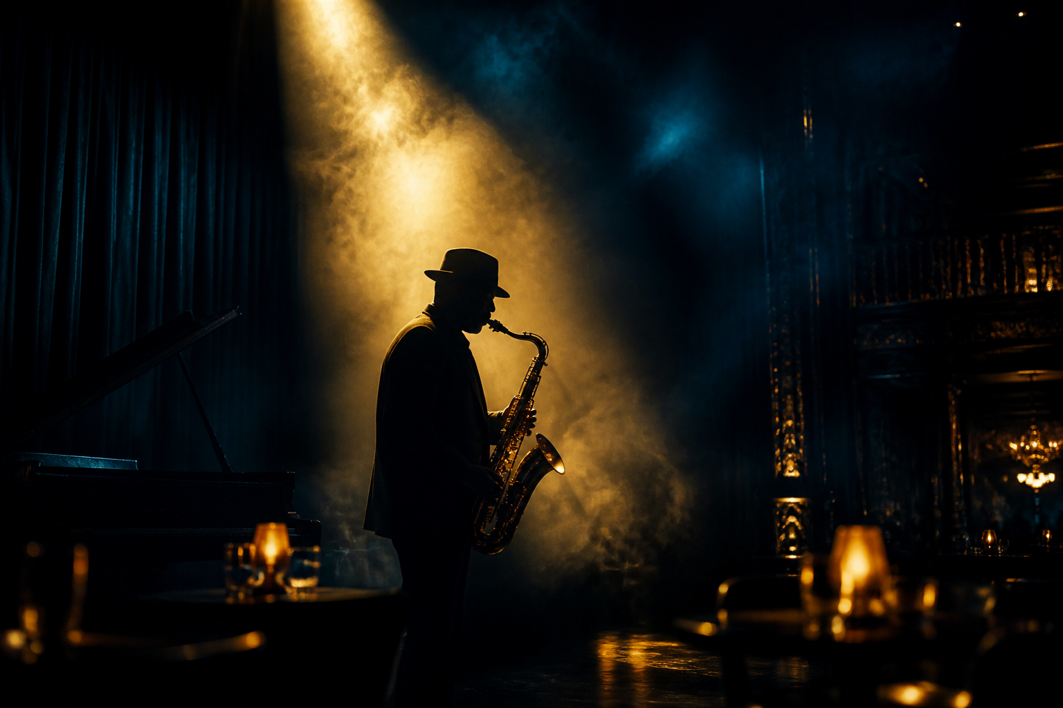 Saxophone player performing in silhouette under a golden spotlight on a smoky jazz stage