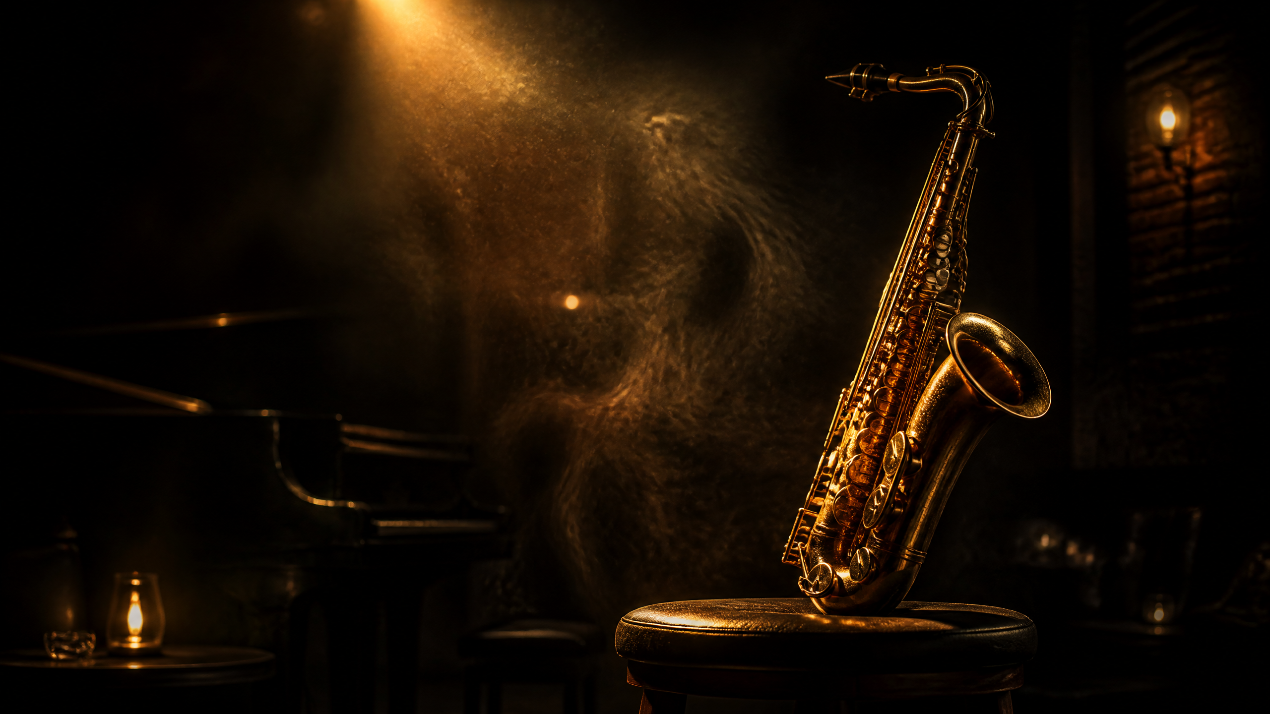 A brass saxophone under an amber spotlight in a smoky jazz club