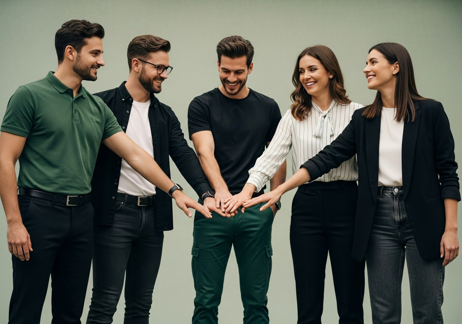 A team of coworkers joining hands in a gesture of unity and support
