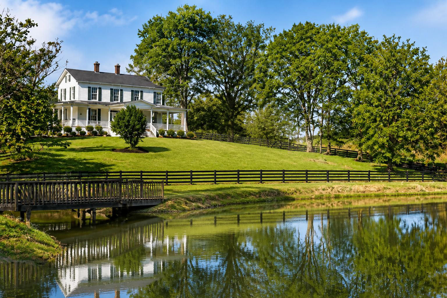 The Keaton estate in Bealton, Virginia, with its white farmhouse, pond, and footbridge