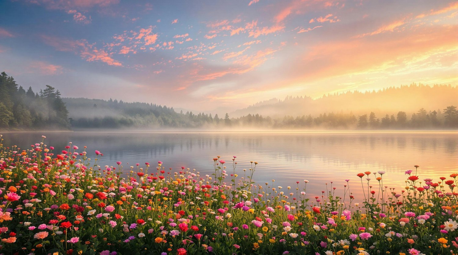 A calm lake at sunrise with mist over the water and forest beyond