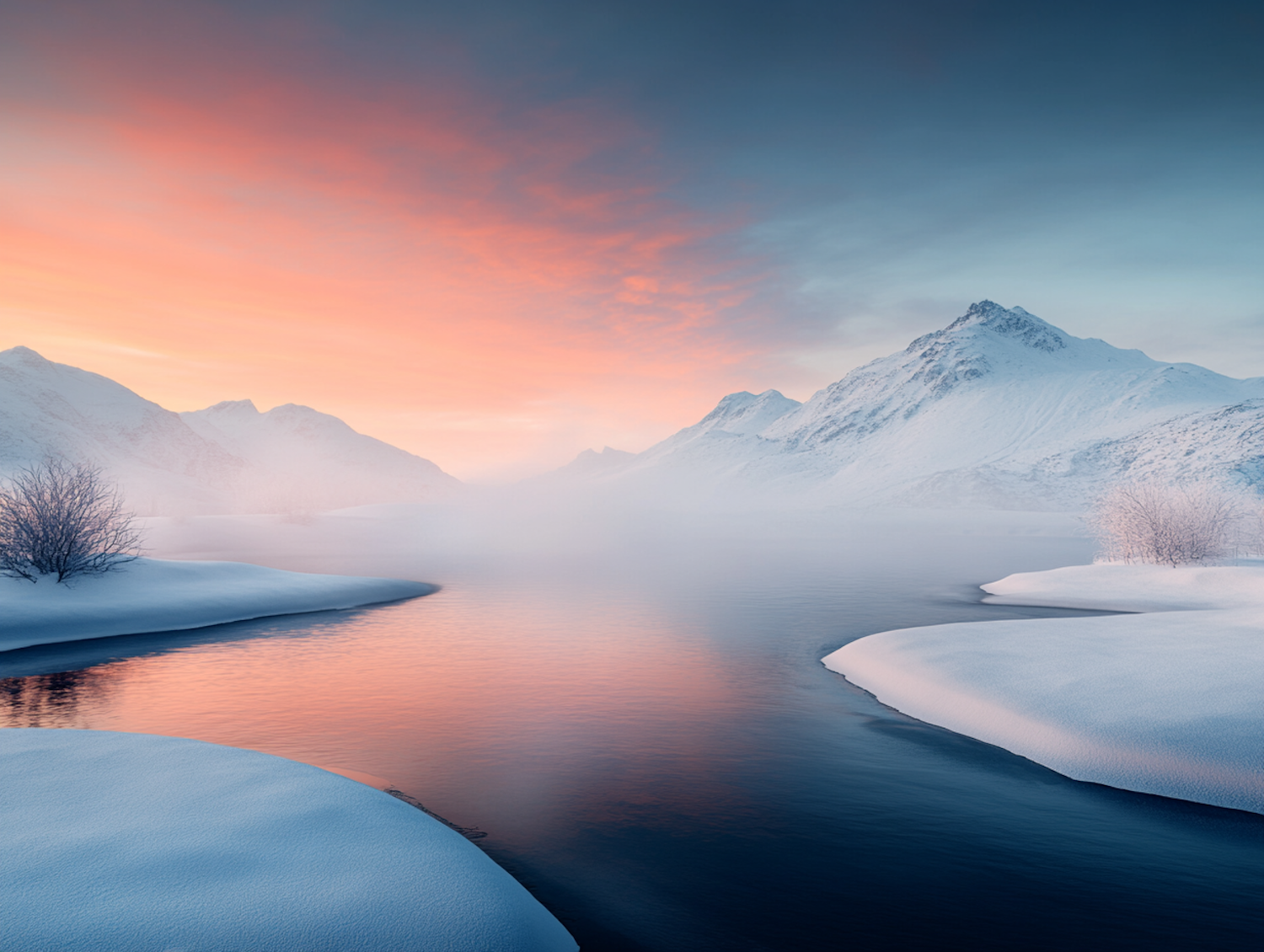 Snow-covered mountains above a calm river at sunrise