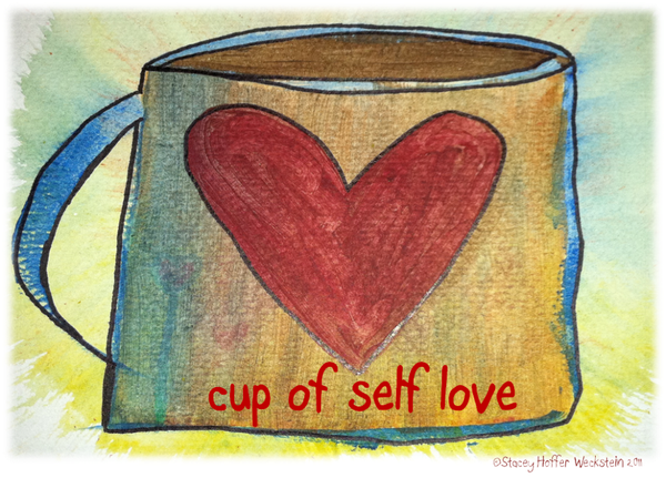 Drawing of a coffee mug with a heart that reads, cup of self love