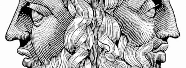 Drawing of profiles of Roman God Janus back to back, representing duality